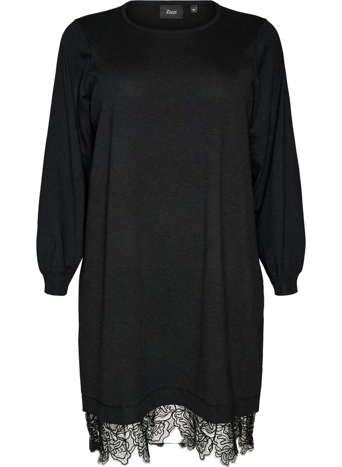 Kort strikkjole med blondekant , Sort, Packshot image number 0