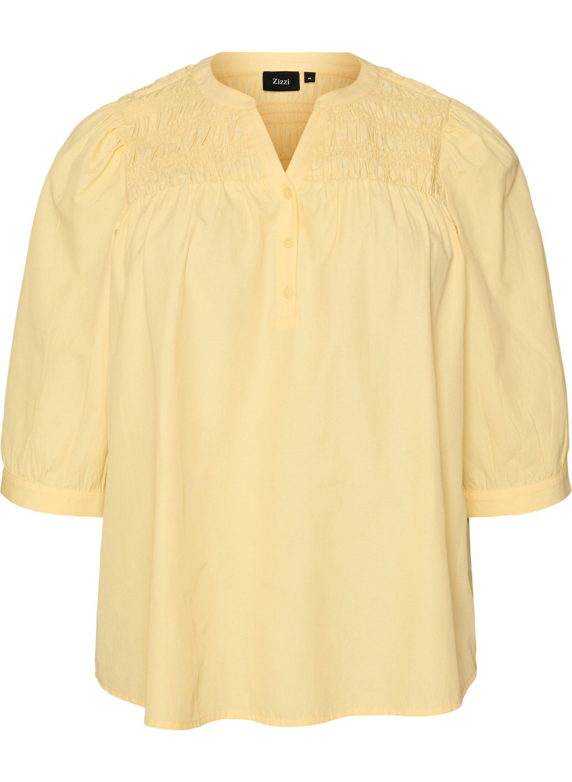 Bluse med smock og 3/4-&aelig;rmer