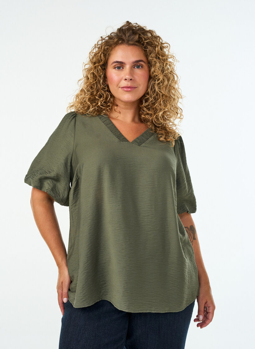 Bluse med ballon&aelig;rmer og V-udsk&aelig;ring, Gr&oslash;n, Model image number 0