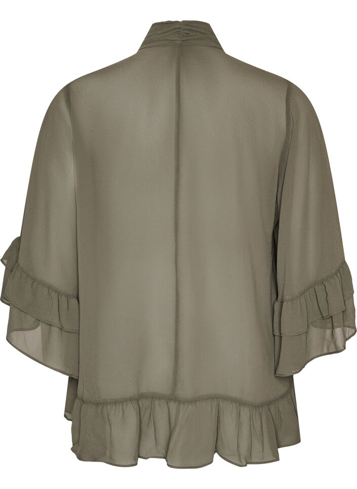 Bluse med sl&oslash;jfeb&aring;nd og fl&aelig;sedetaljer, Gr&aring;, Packshot image number 1