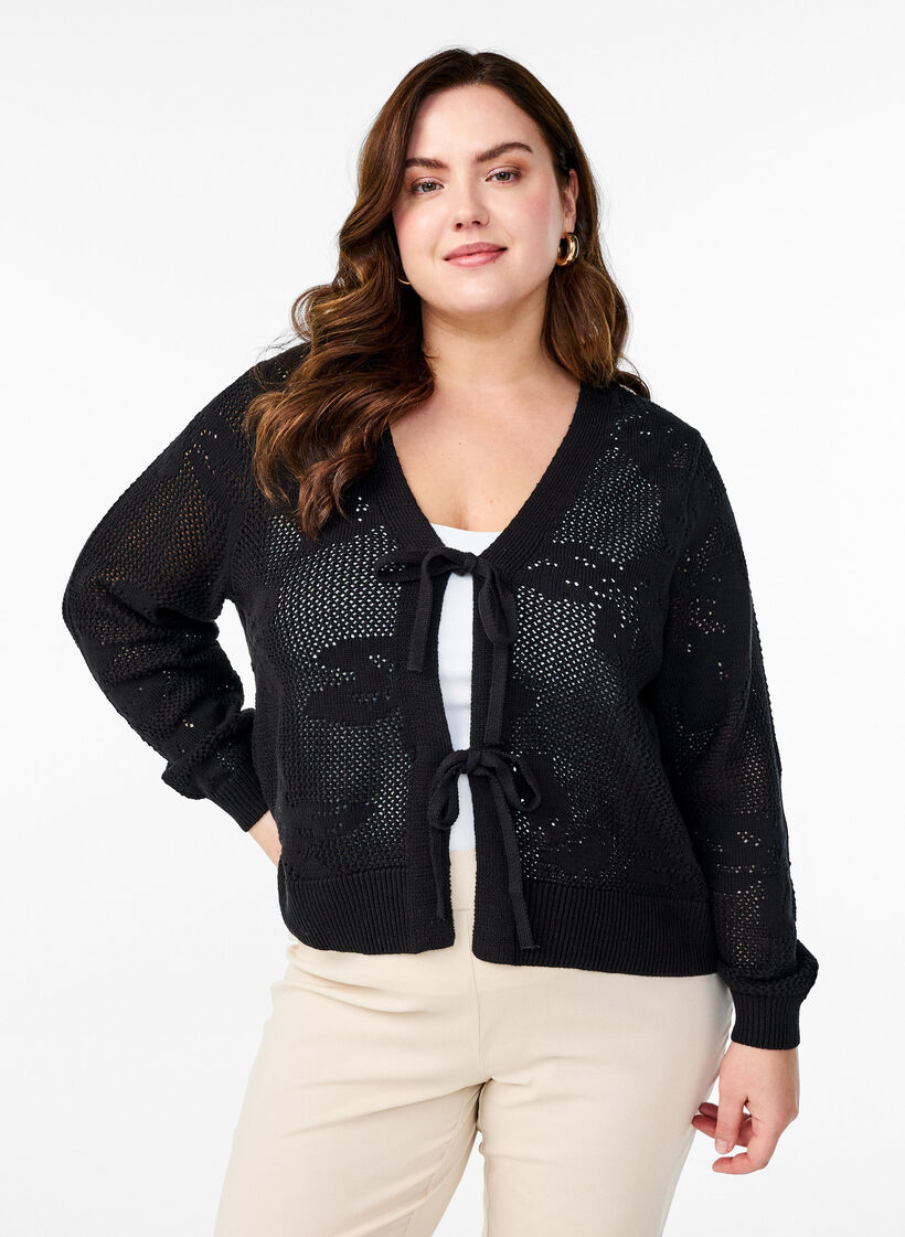 Strikket cardigan med hulmønster og bindebånd, Black, Model image number 0