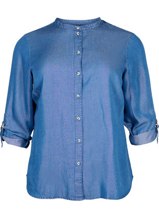 Skjorte med 3/4 ærmer og rund halsudskæring, Medium Blue Denim, Packshot image number 0