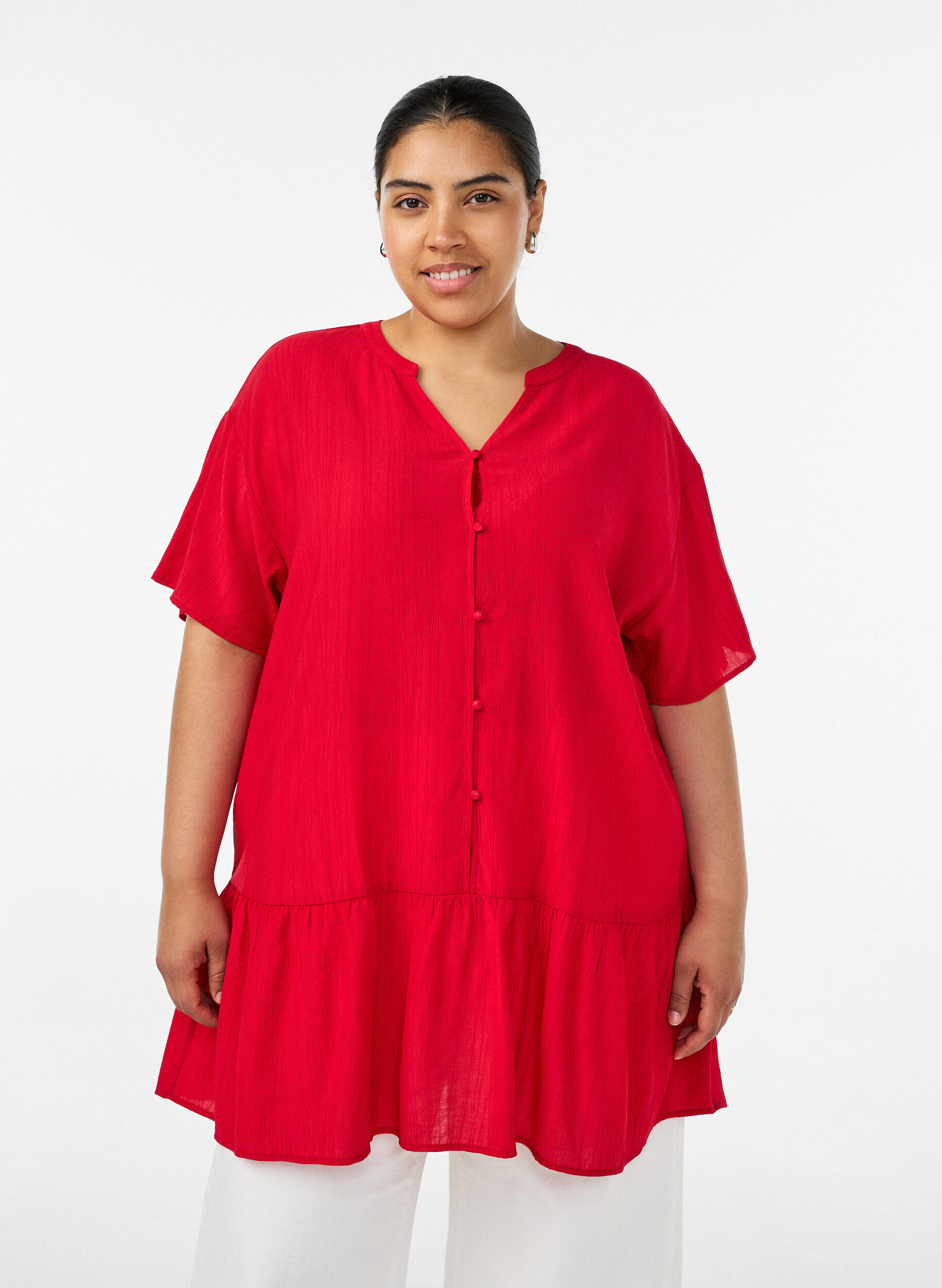 ZizziL&oslash;s tunika med kr&oslash;llet struktur og fl&aelig;sekant, R&oslash;d, Model image number 0