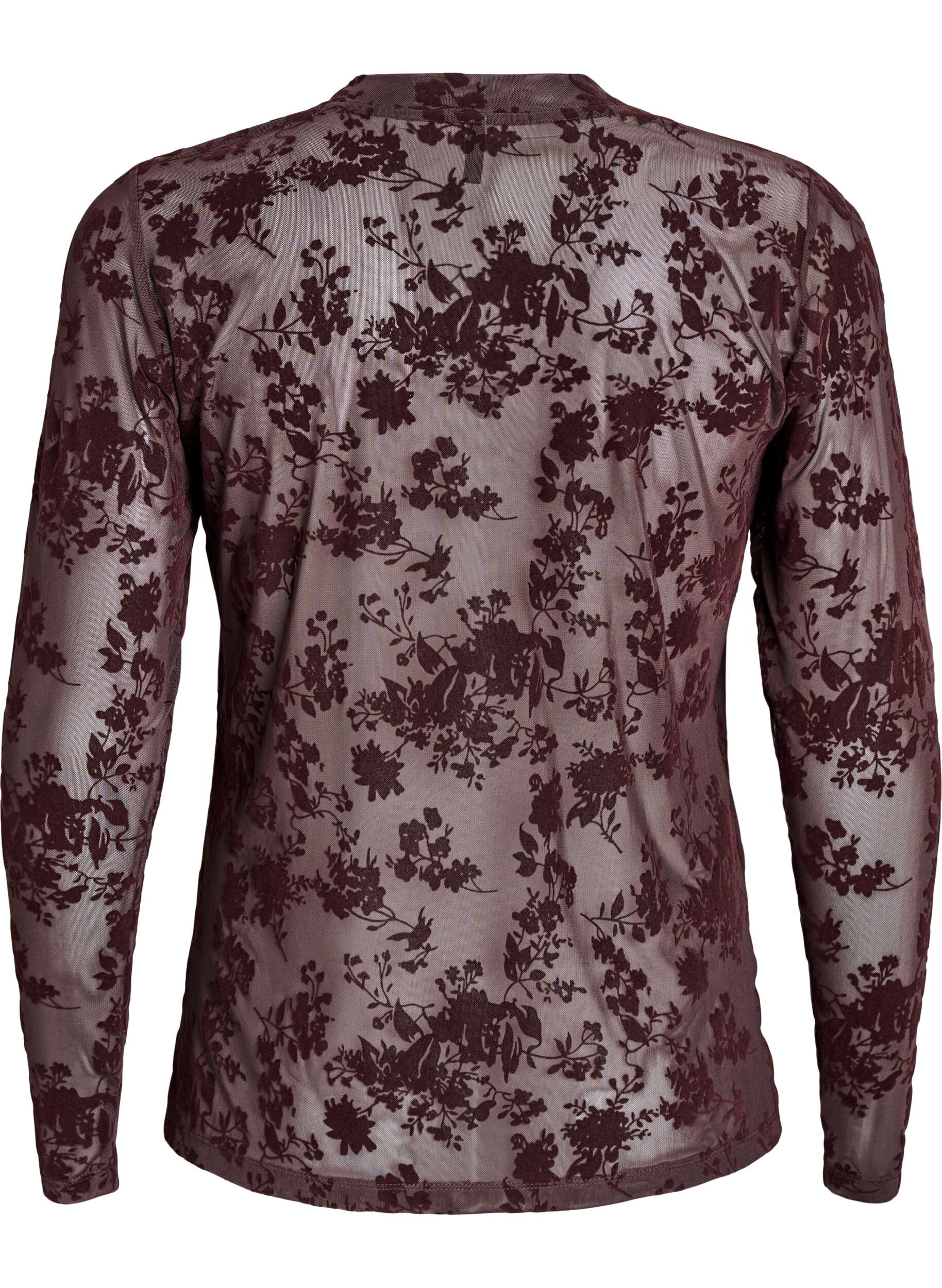 Zizzi Meshbluse med blomsterm&oslash;nster, Brun, Packshot image number 1