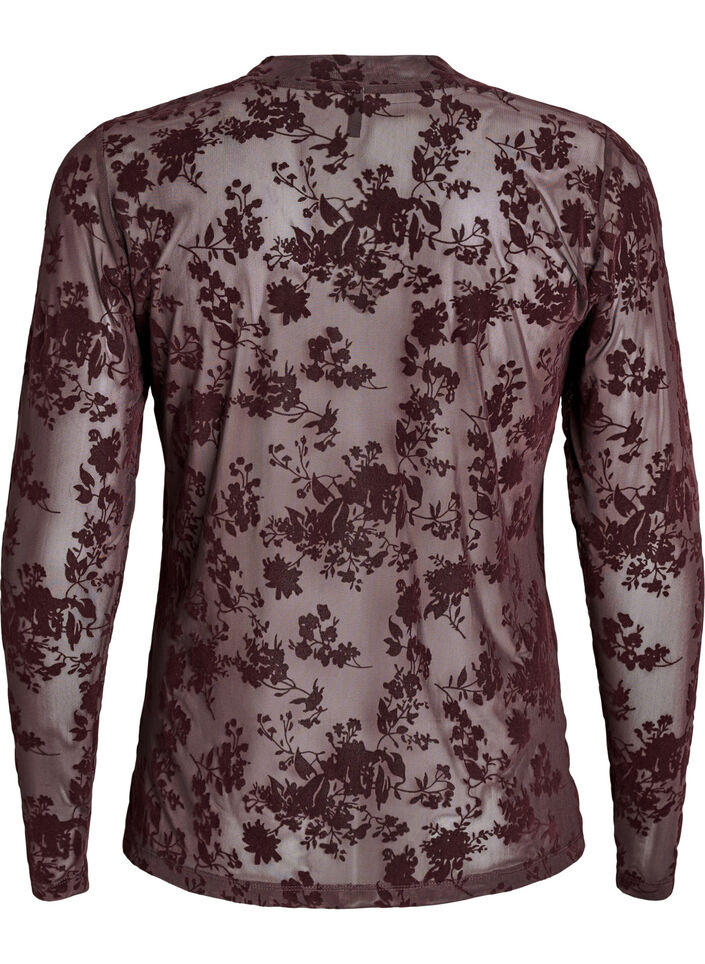 Meshbluse med blomstermønster, Brun, Packshot image number 1