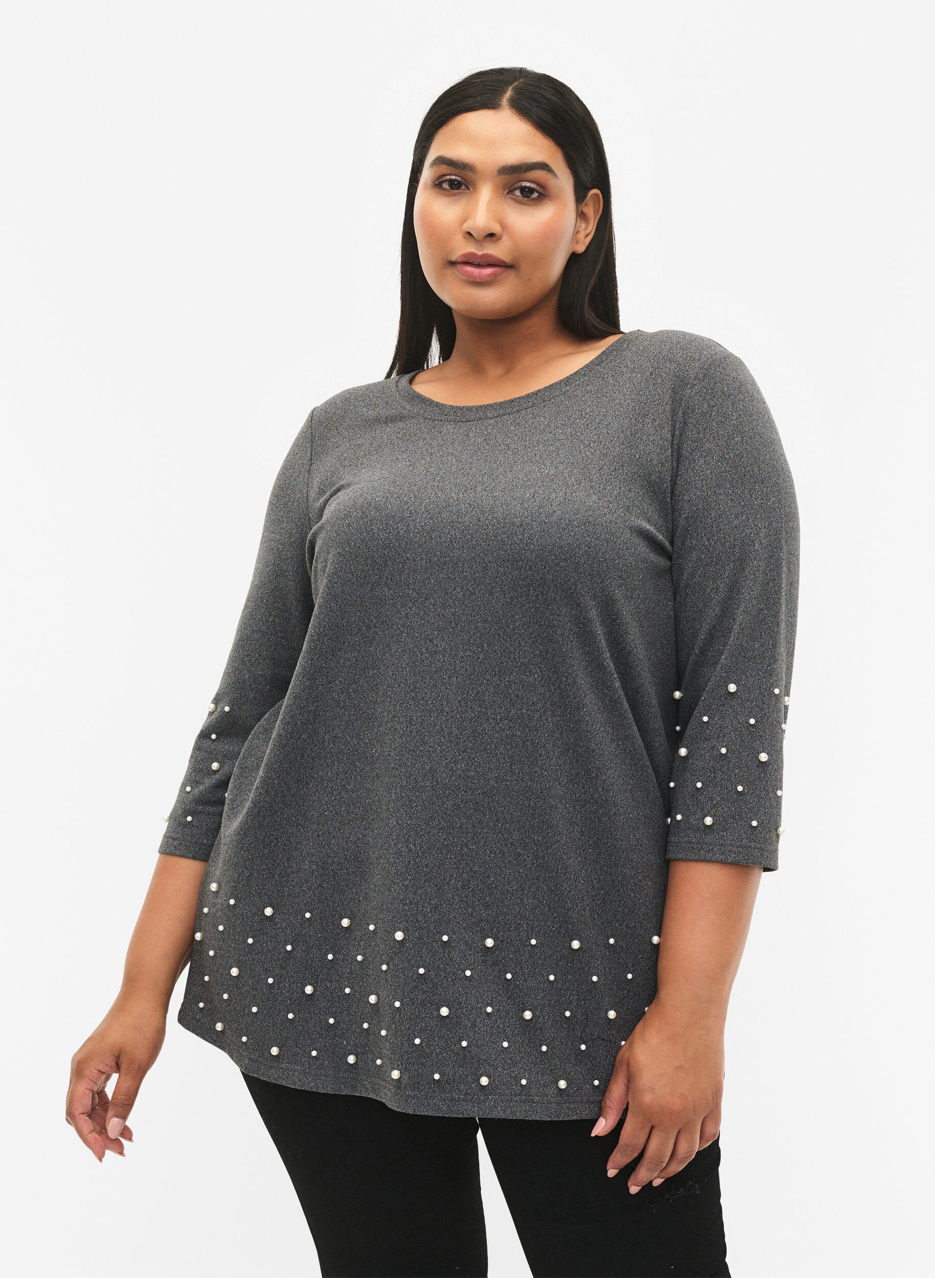 Zizzi Bluse med perler og 3/4 &aelig;rmer, Dark Grey Melange, Model image number 0