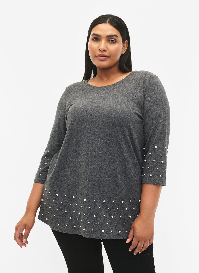Bluse med perler og 3/4 ærmer, Dark Grey Melange, Model image number 0