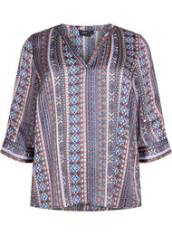 Bluse med print og 3/4 ærmer , Brown Blue Ethnic