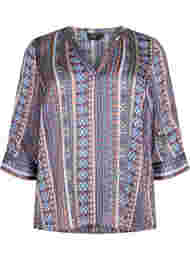 Bluse med print og 3/4 ærmer, Brown Blue Ethnic