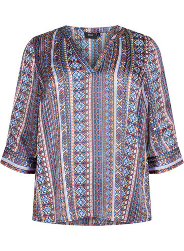Bluse med print og 3/4 ærmer, Brown Blue Ethnic, Packshot image number 0