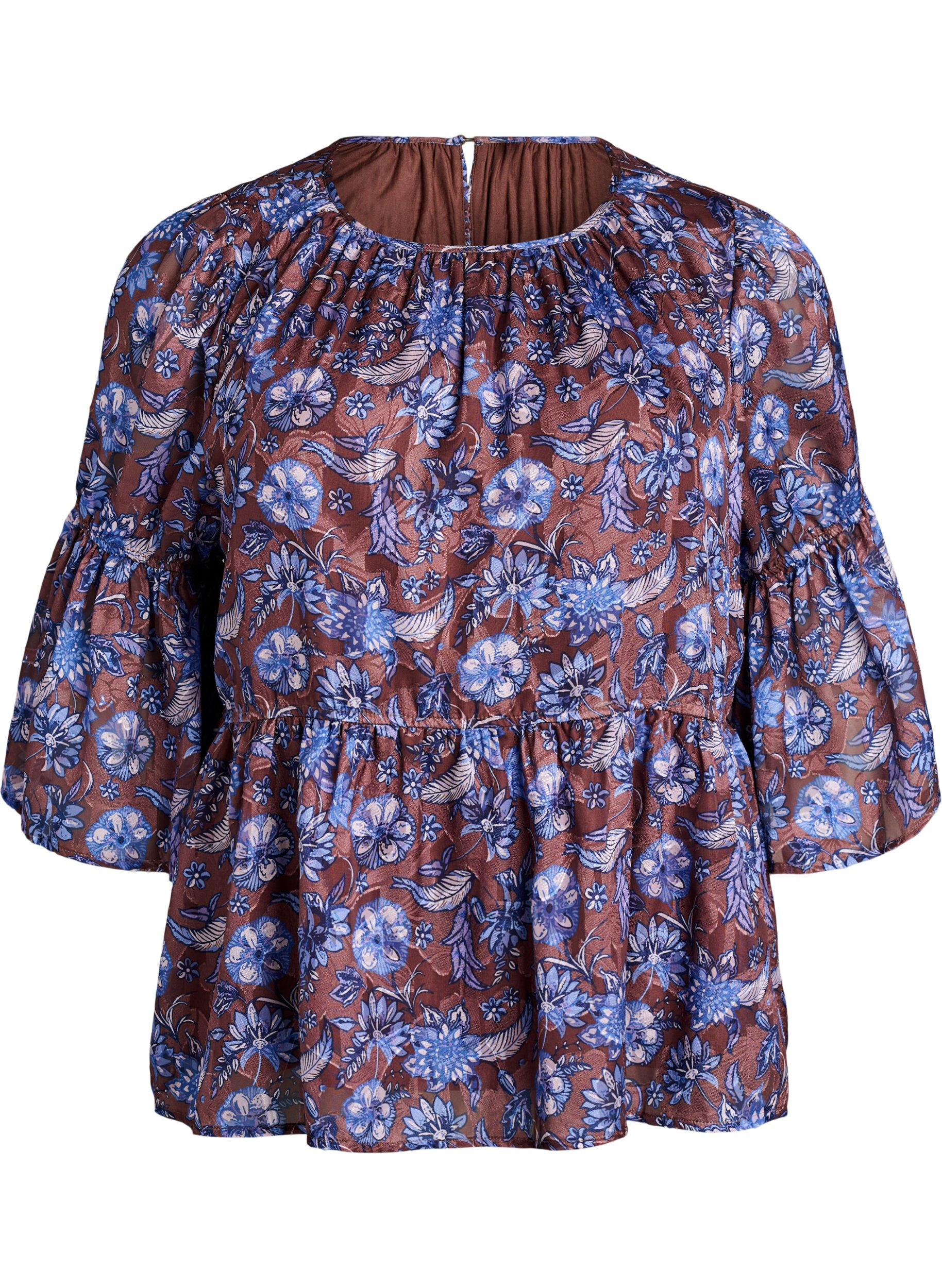 ZizziBlomstret bluse med fl&aelig;se&aelig;rmer, Brun, Packshot image number 0