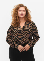 V-hals skjorte med zebraprint, Black/Brown Zebra, Model