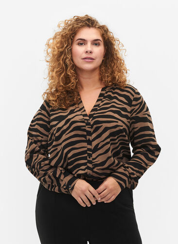 V-hals skjorte med zebraprint, Black/Brown Zebra, Model image number 0