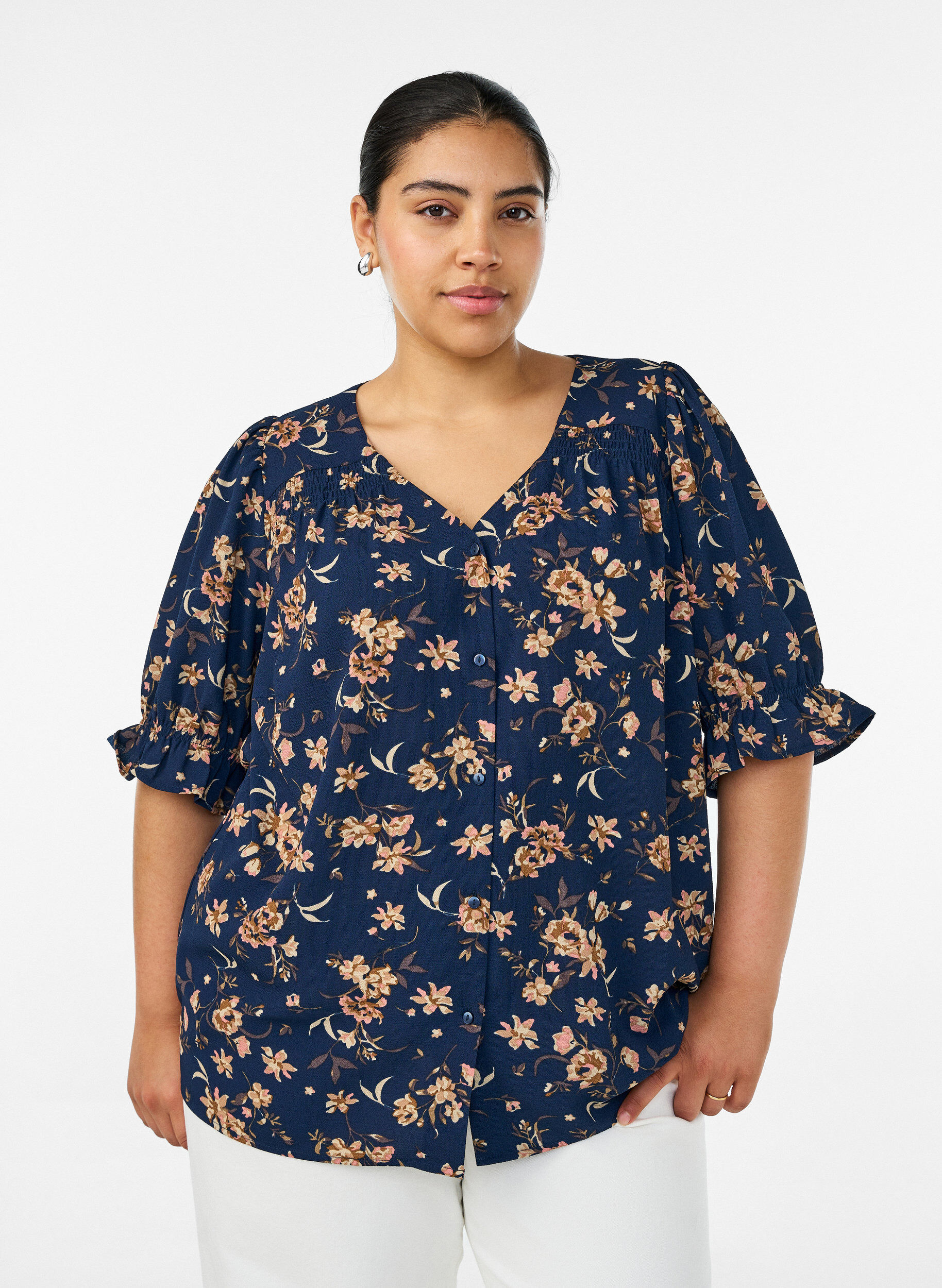 ZizziSkjortebluse med 1/2 &aelig;rmer, Bl&aring;, Model image number 0