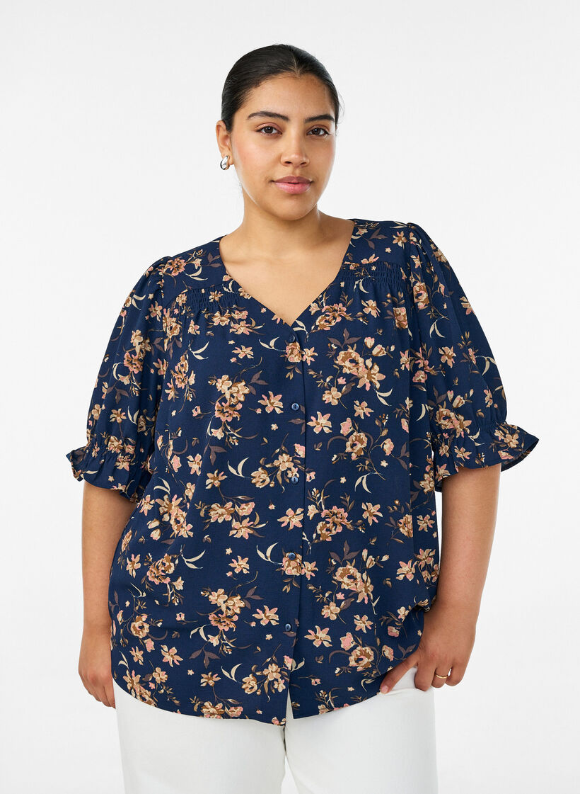 Skjortebluse med 1/2 &aelig;rmer, Bl&aring;, Model image number 0