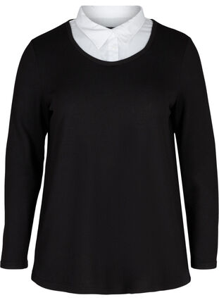 Ensfarvet bluse med lange ærmer og krave, Black, Packshot image number 0