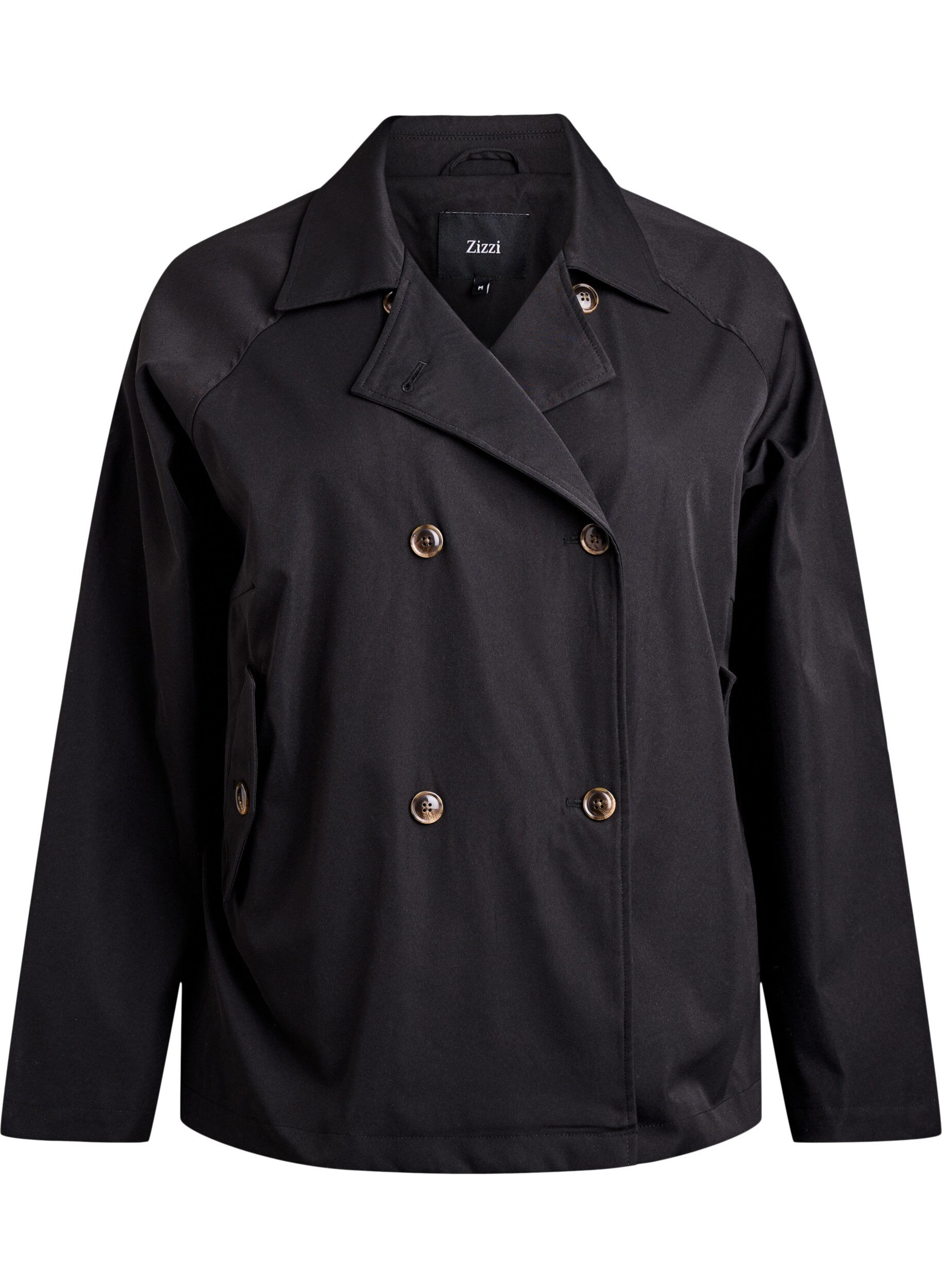 Zizzi Kort trenchcoat med lommer, Sort, Packshot image number 0