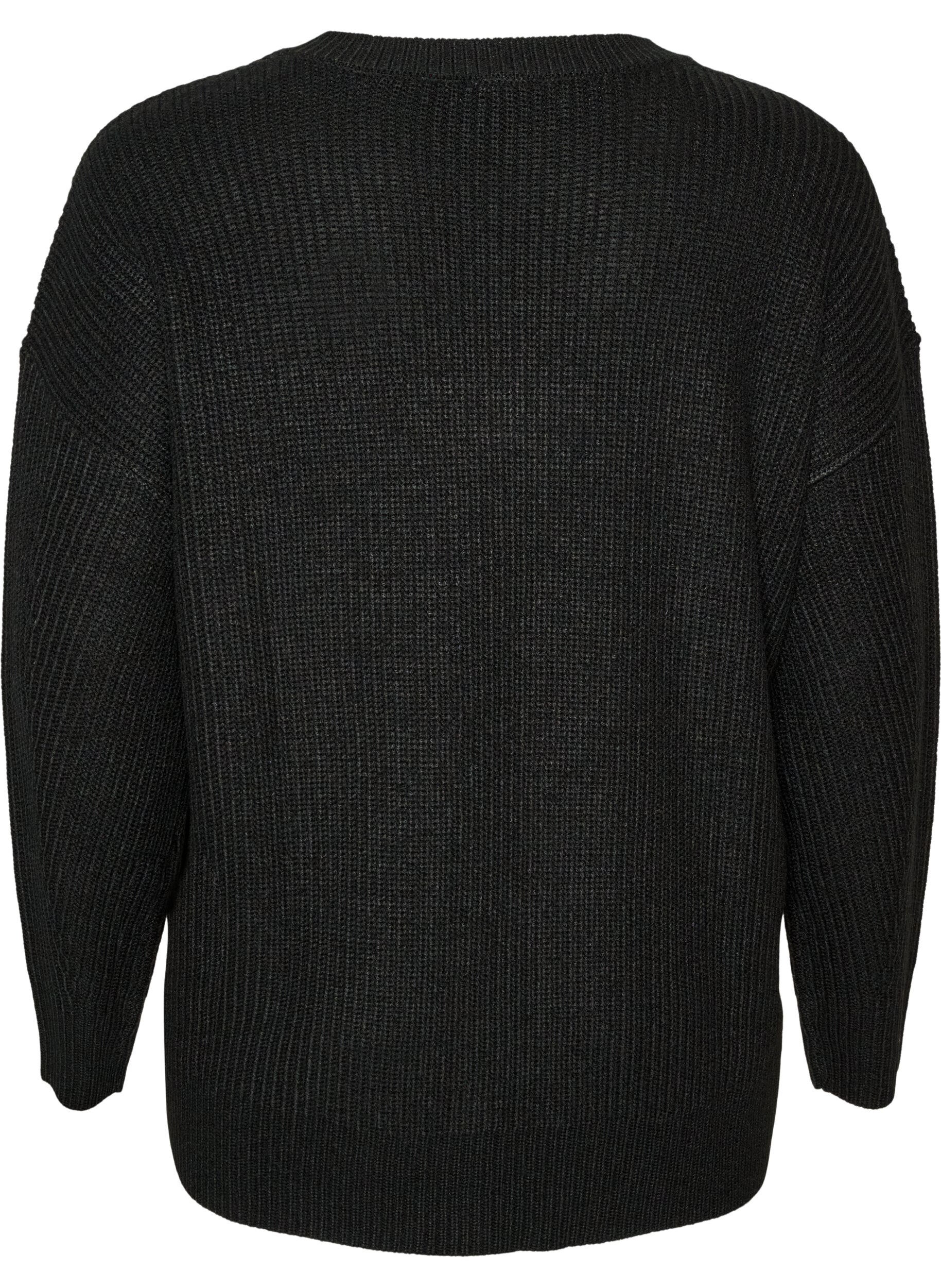 ZizziLang ribstrikket bluse med V-hals, Sort, Packshot image number 1