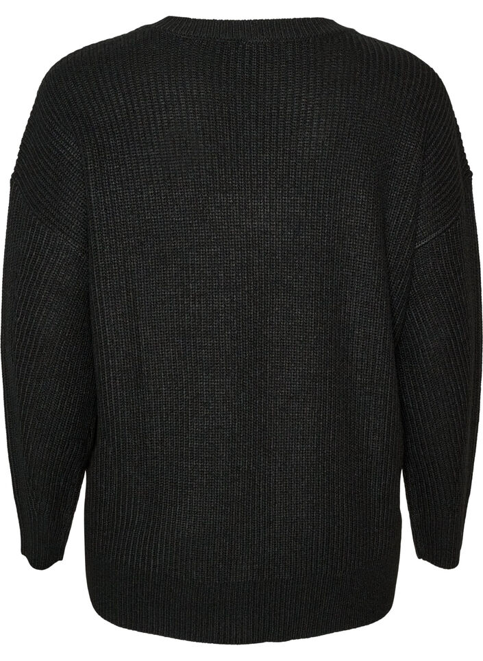 Lang ribstrikket bluse med V-hals, Sort, Packshot image number 1