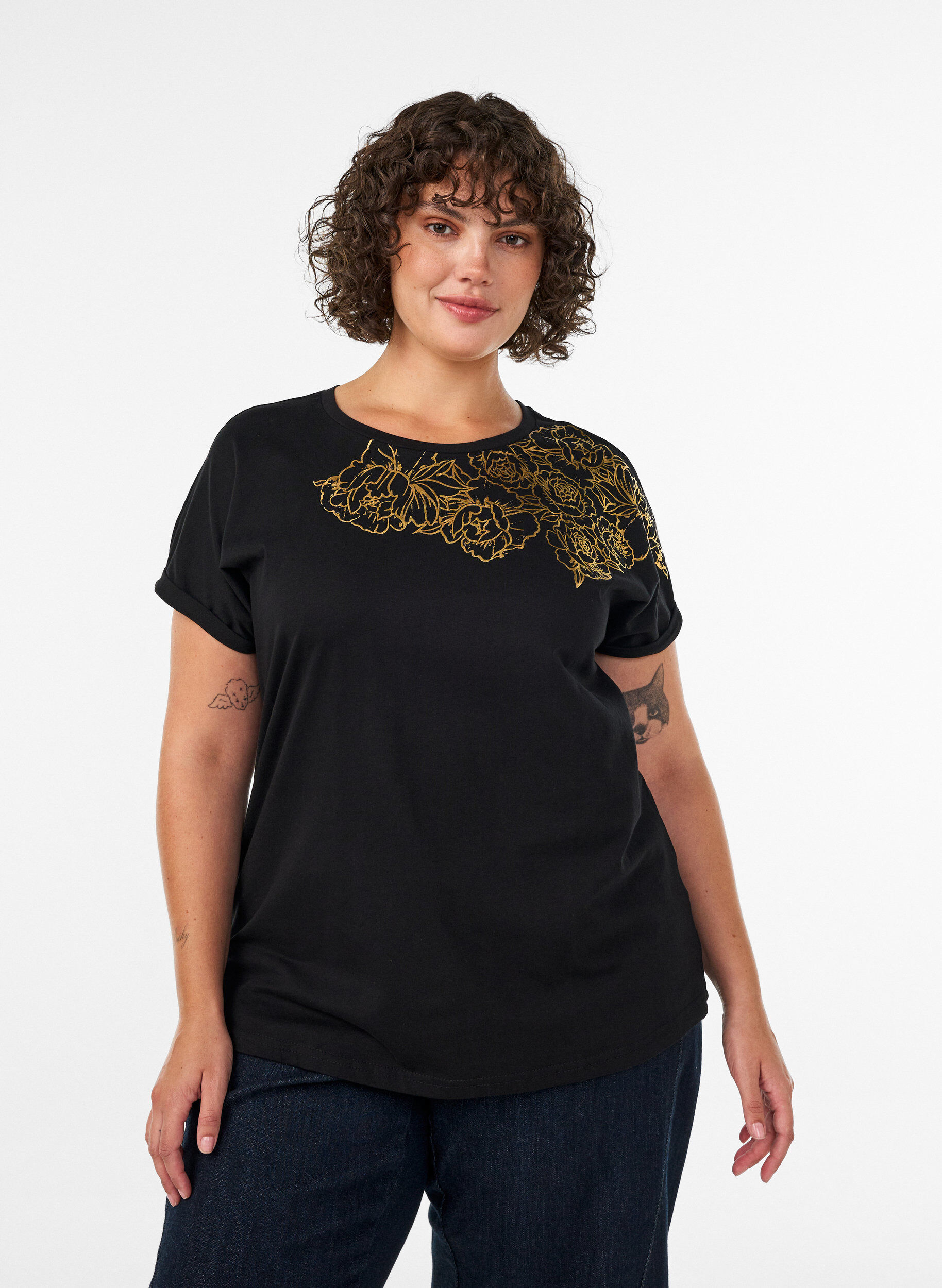 ZizziT-shirt i bomuld med blomstermotiv, Sort, Model image number 0