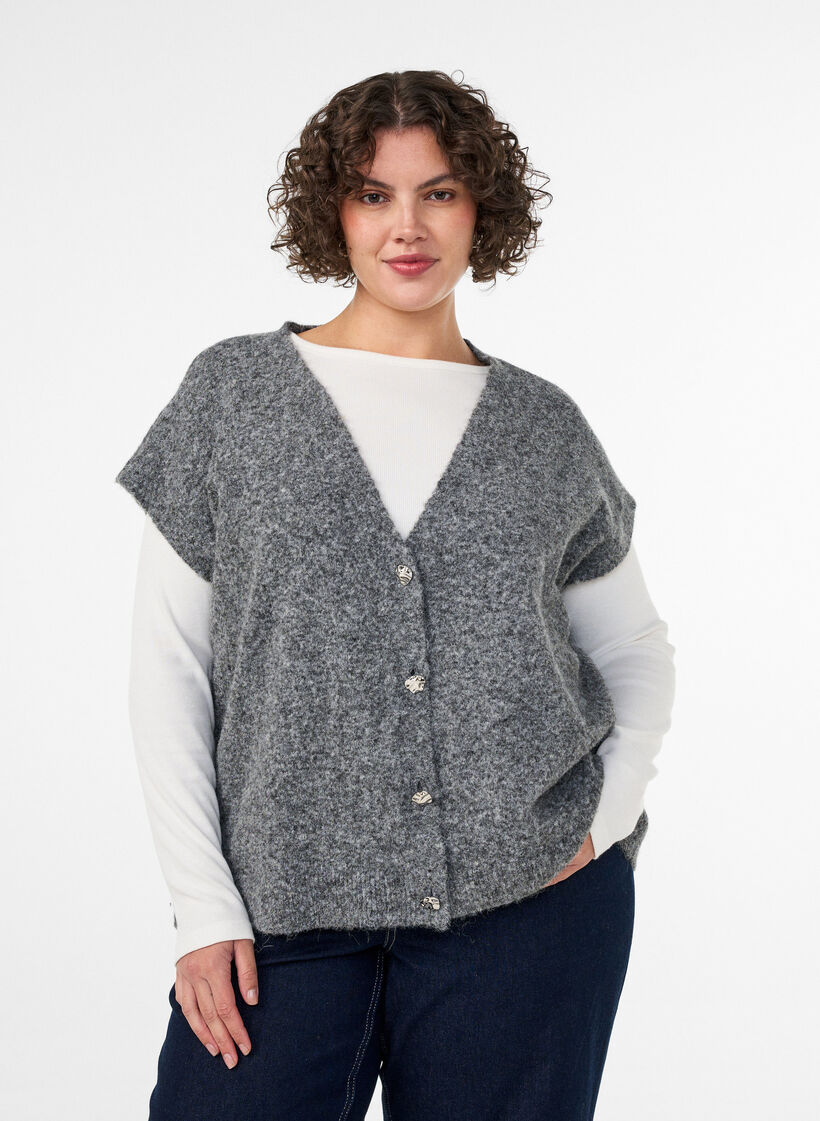Strikvest med V-hals og dekorative knapper, Gr&aring;, Model image number 0