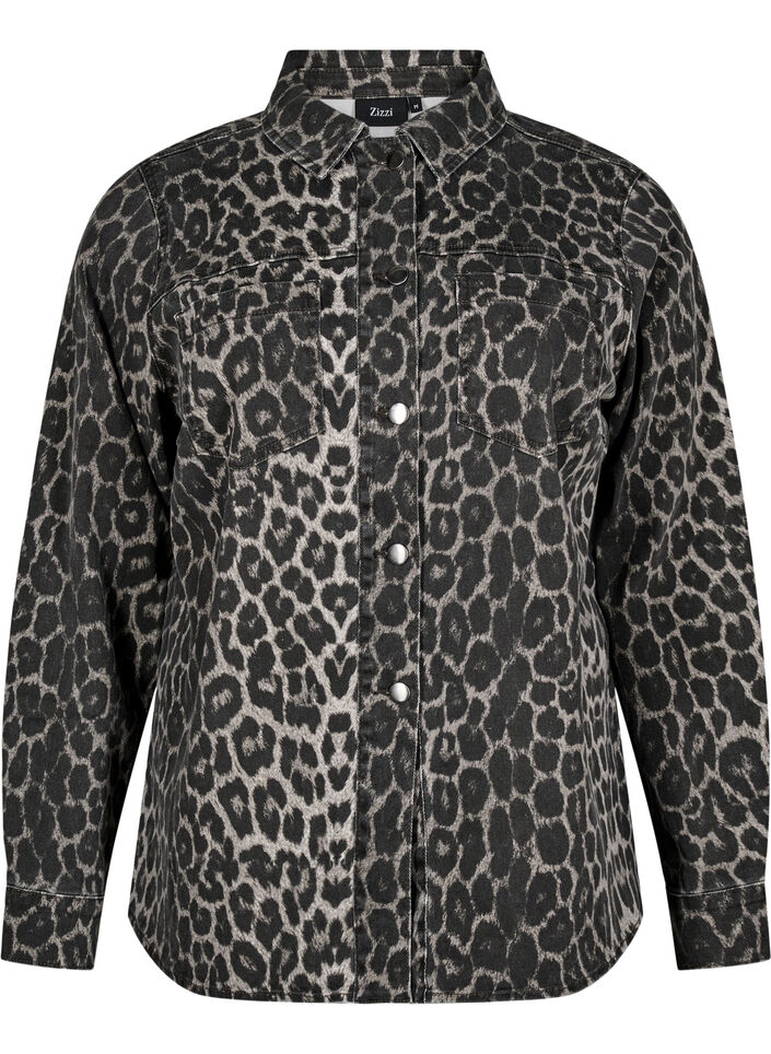 Denimskjorte i leopardprint med knapper, Grå, Packshot image number 0
