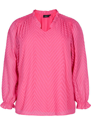 Bluse med lange ærmer og flæsedetaljer, Shocking Pink, Packshot image number 0