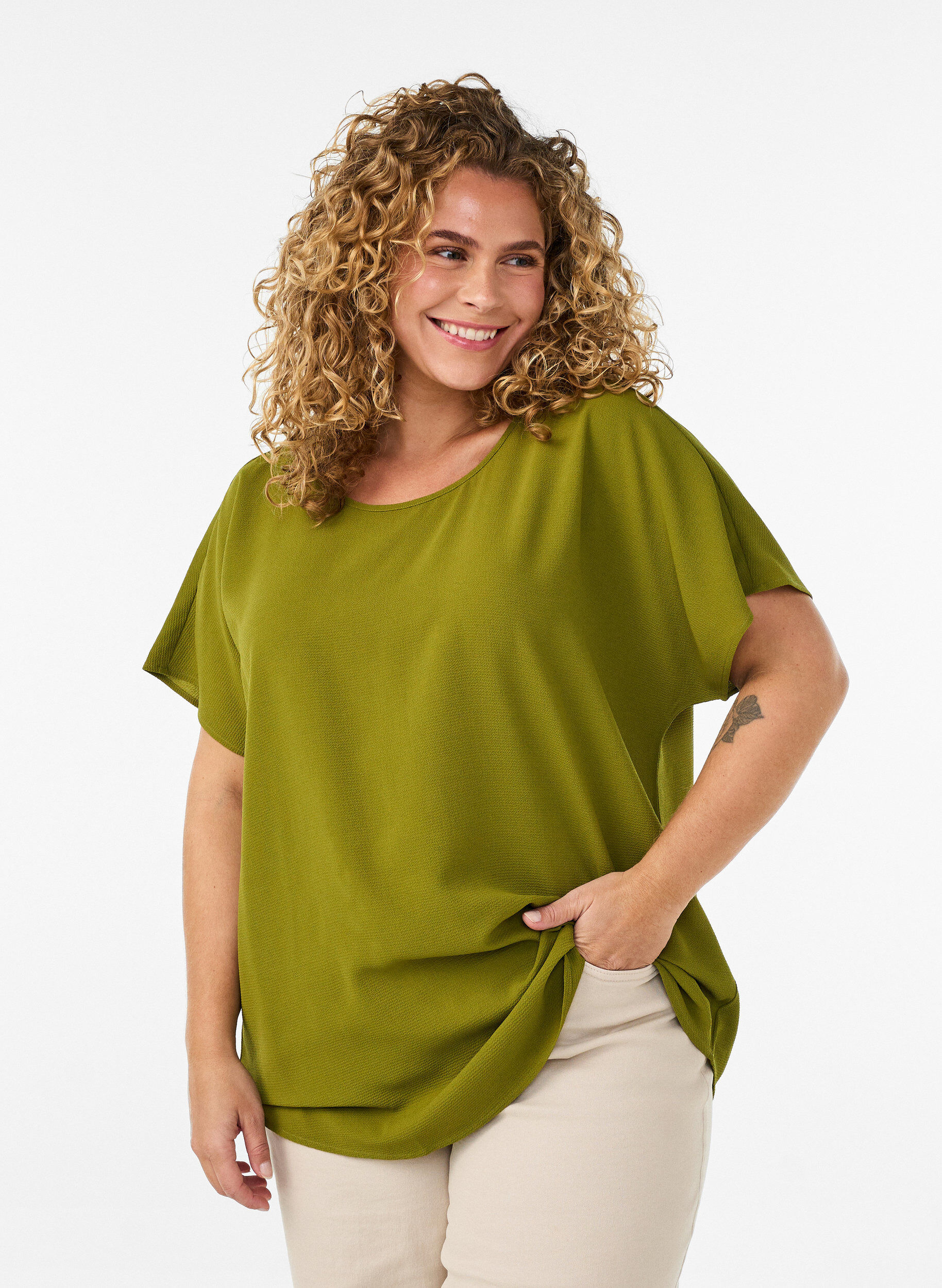 Bluse med korte &aelig;rmer og rund halsudsk&aelig;ring , Gr&oslash;n, Model