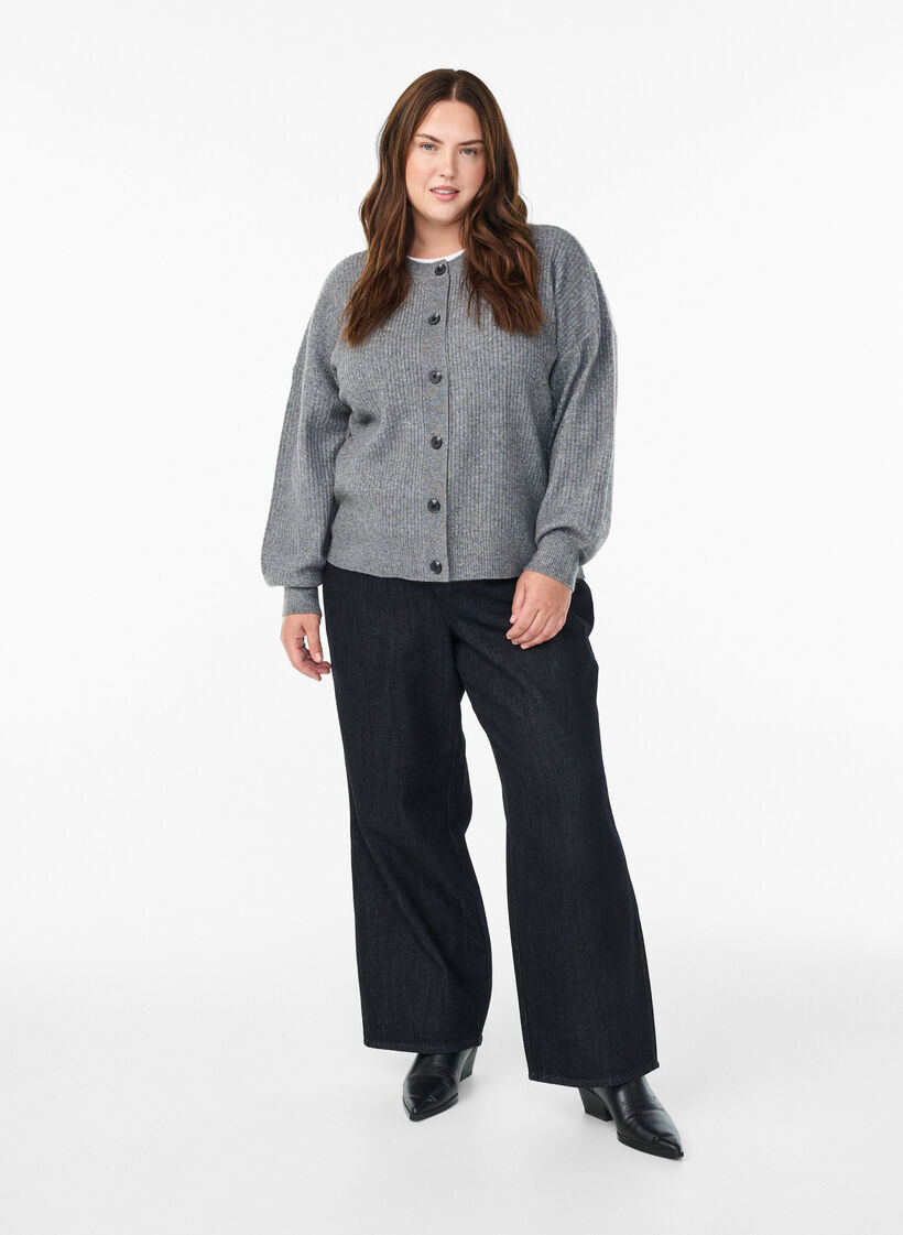 Ribstrikket cardigan med knapper, Gr&aring;, Model image number 1