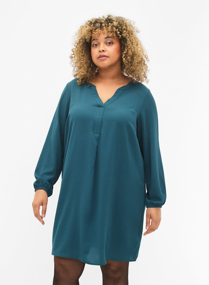 Langærmet kjole med v-udskæring, Deep Teal, Model image number 0