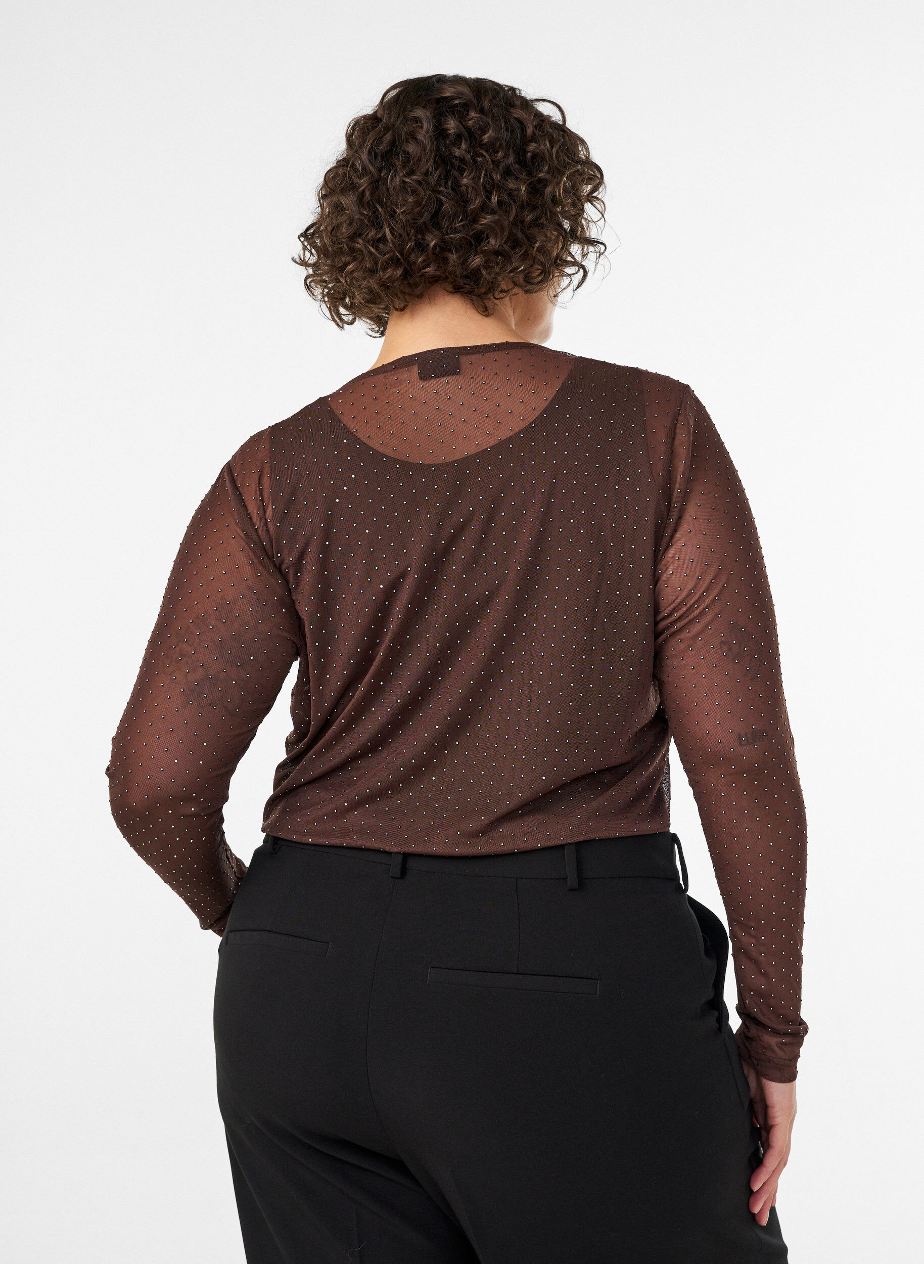 ZizziTransparent meshbluse med rhinsten, Brun, Model image number 2