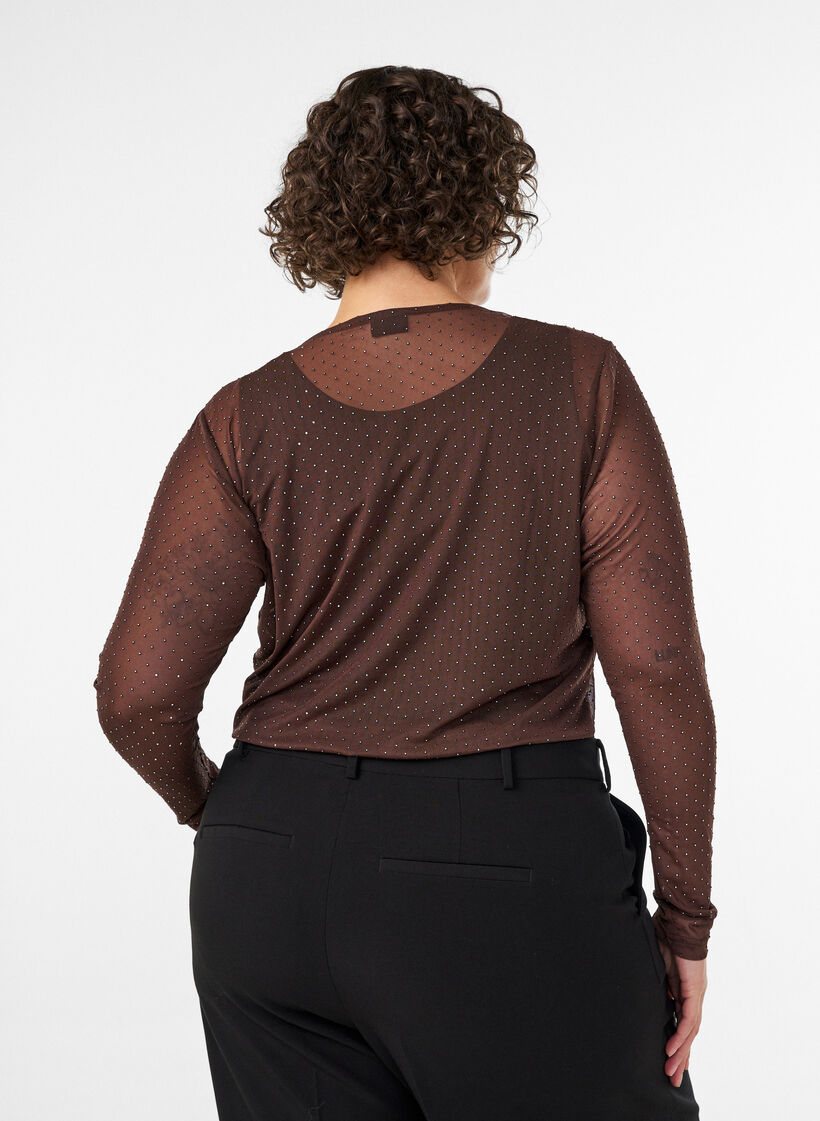 Transparent meshbluse med rhinsten, Brun, Model image number 2