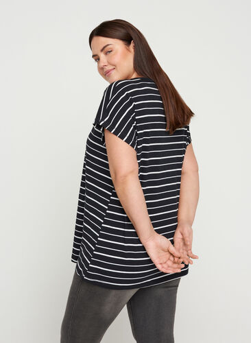 Stribet t-shirt i bomuld, Black/White Stripe, Model image number 1