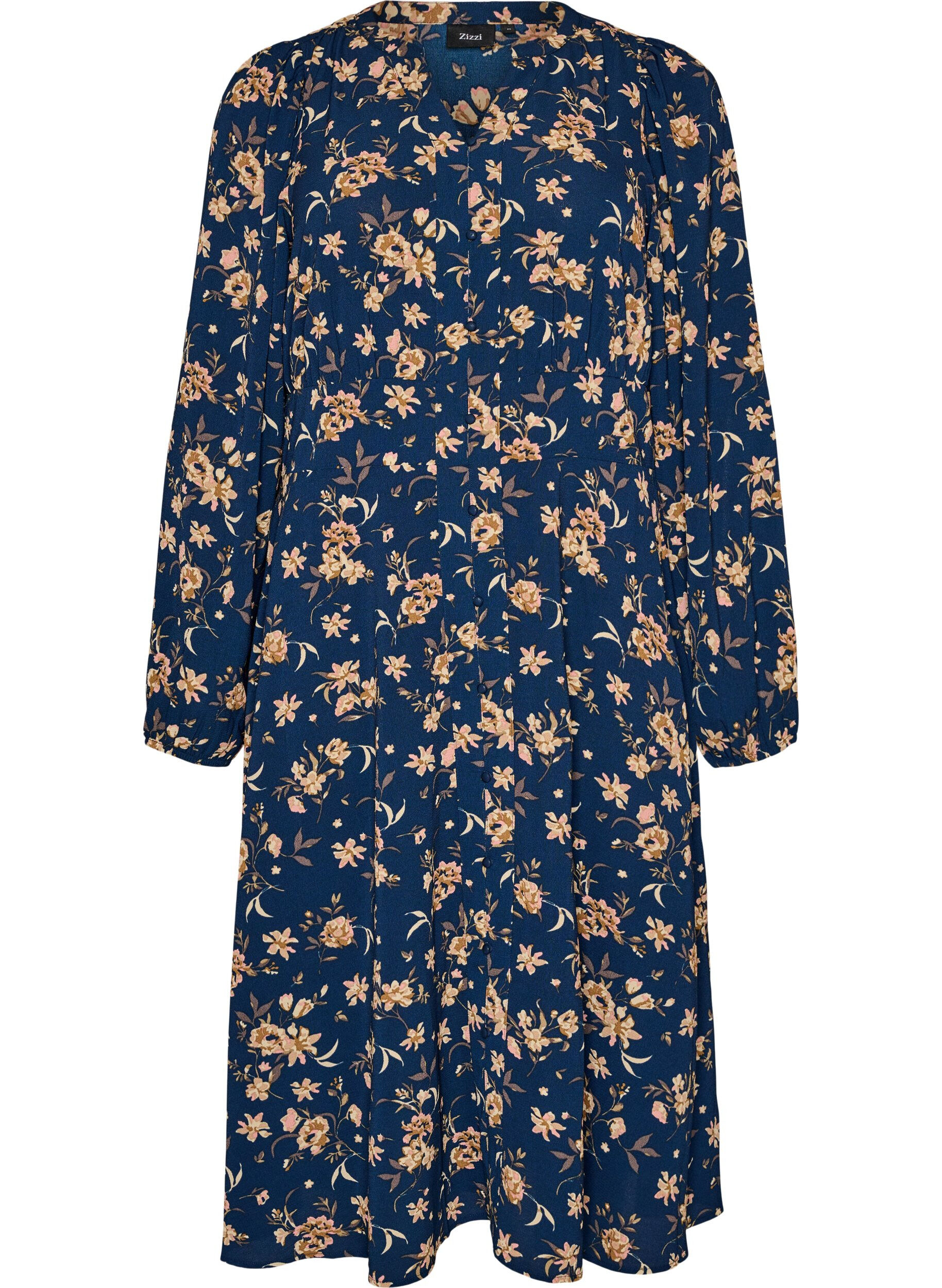 ZizziMidikjole med smock og dekorative knapper, Bl&aring;, Packshot image number 0