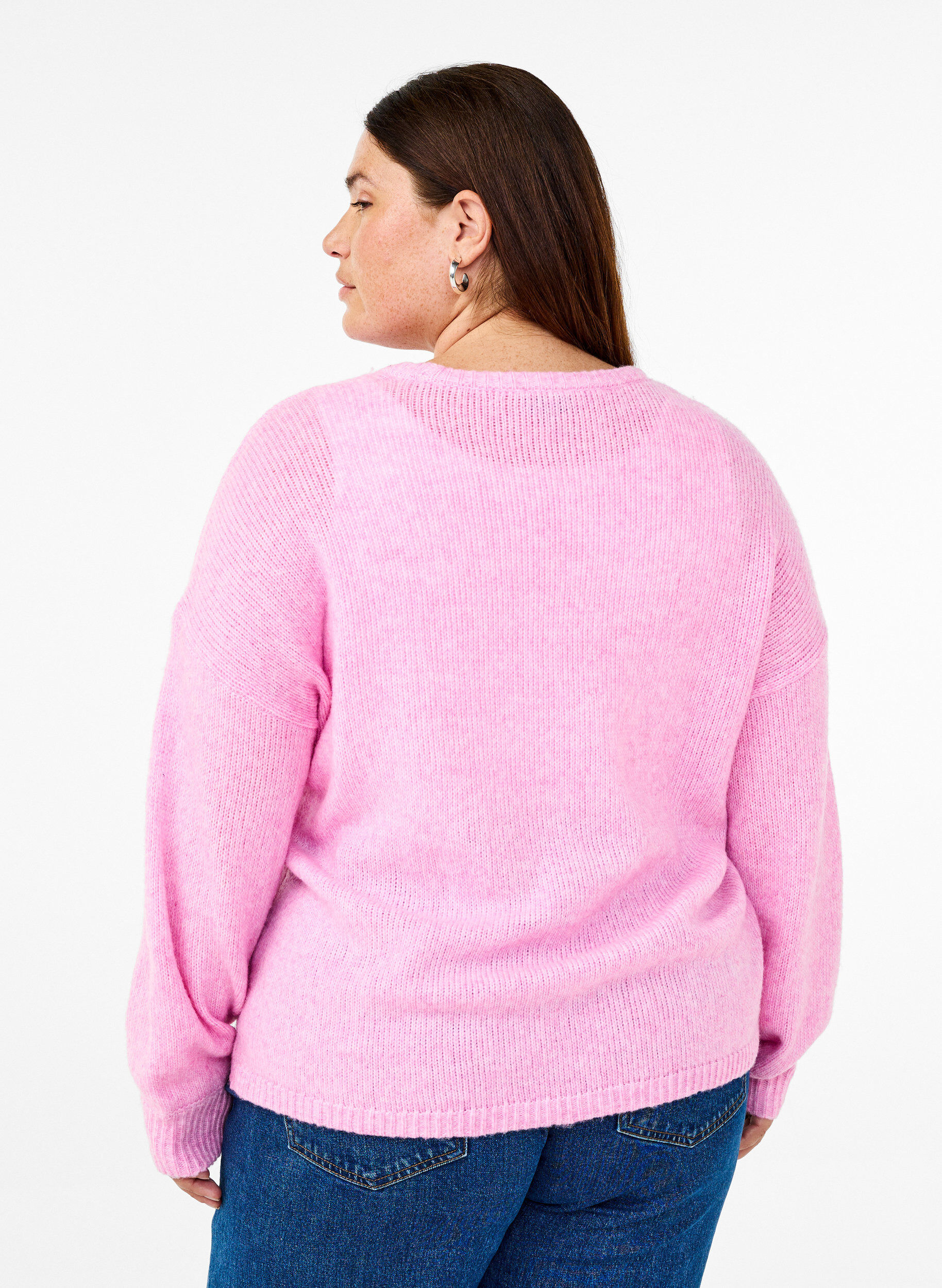 Zizzi Lang&aelig;rmet strikbluse med uld og rund hals, Begonia Pink Mel., Model image number 1
