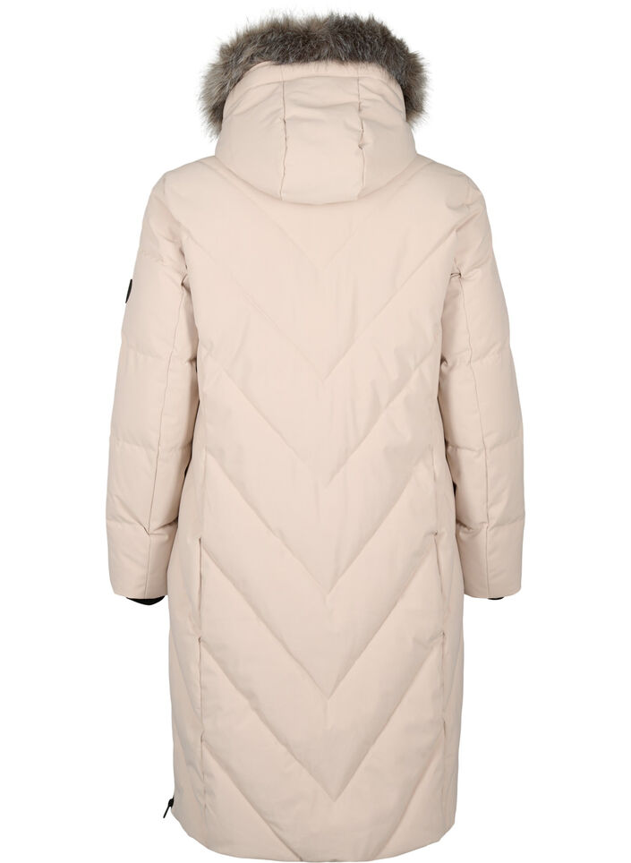Lang vinterjakke med h&aelig;tte og imiteret pelskrave, Beige, Packshot image number 1