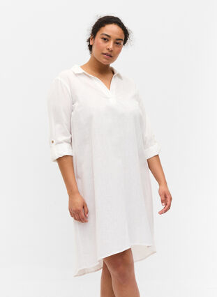 Stribet kjole i bomuld og hør, White, Model image number 0