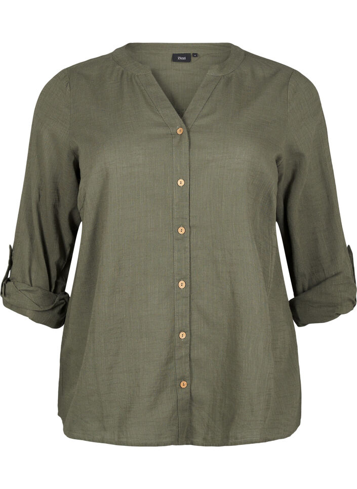 Skjortebluse i bomuld med v-udsk&aelig;ring, Gr&oslash;n, Packshot image number 0