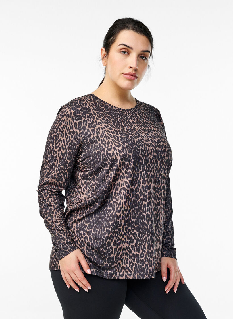 Langærmet træningsbluse med leopardprint, Brun, Model image number 0