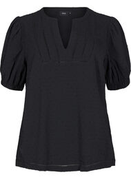 Bluse med korte pufærmer og prikket tekstur, Black