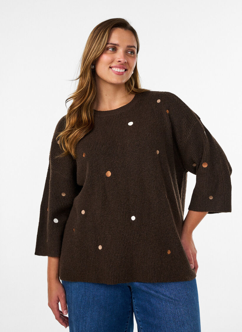 Strikbluse med sm&aring; broderede motiver, Brun, Model image number 0