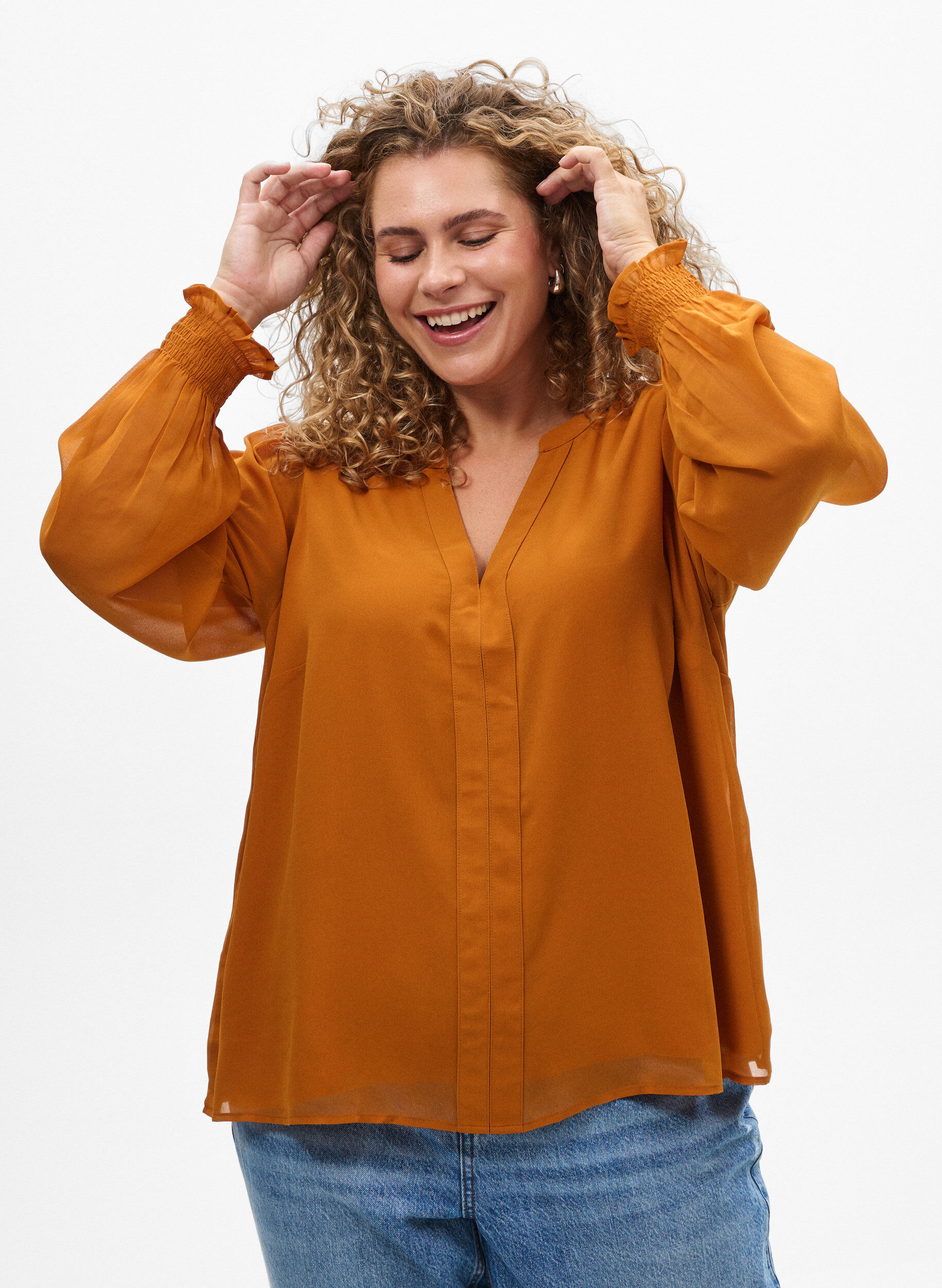 Bluse med transparente &aelig;rmer og smock, Orange, Model