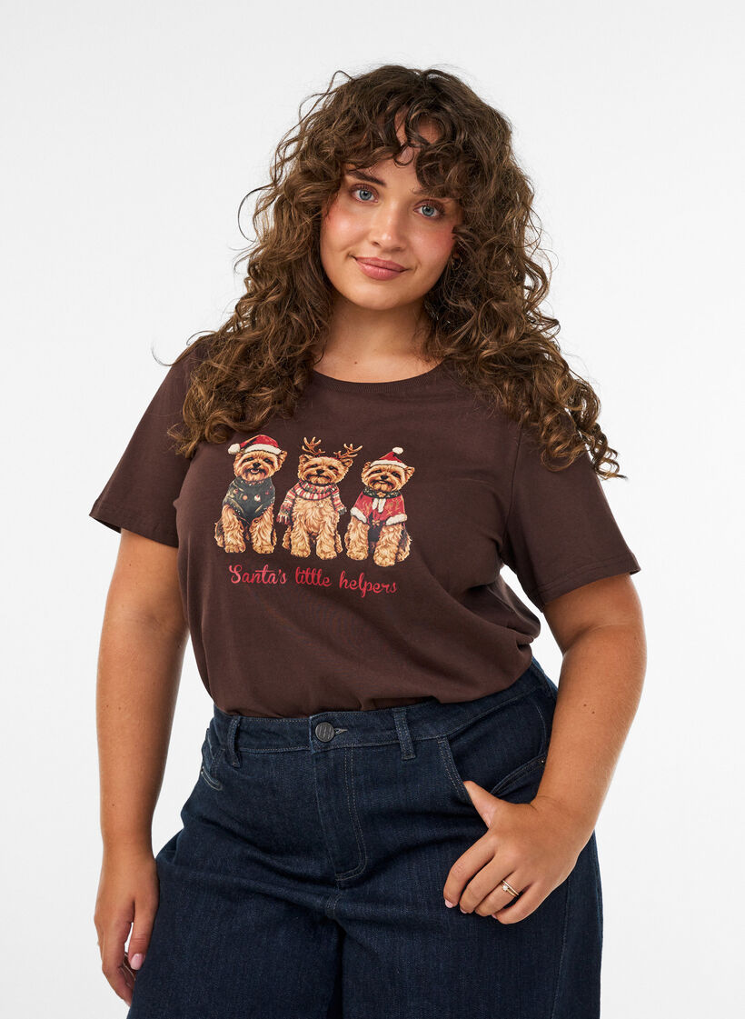 Jule t-shirt i &oslash;kologisk bomuld, Brun, Model image number 0