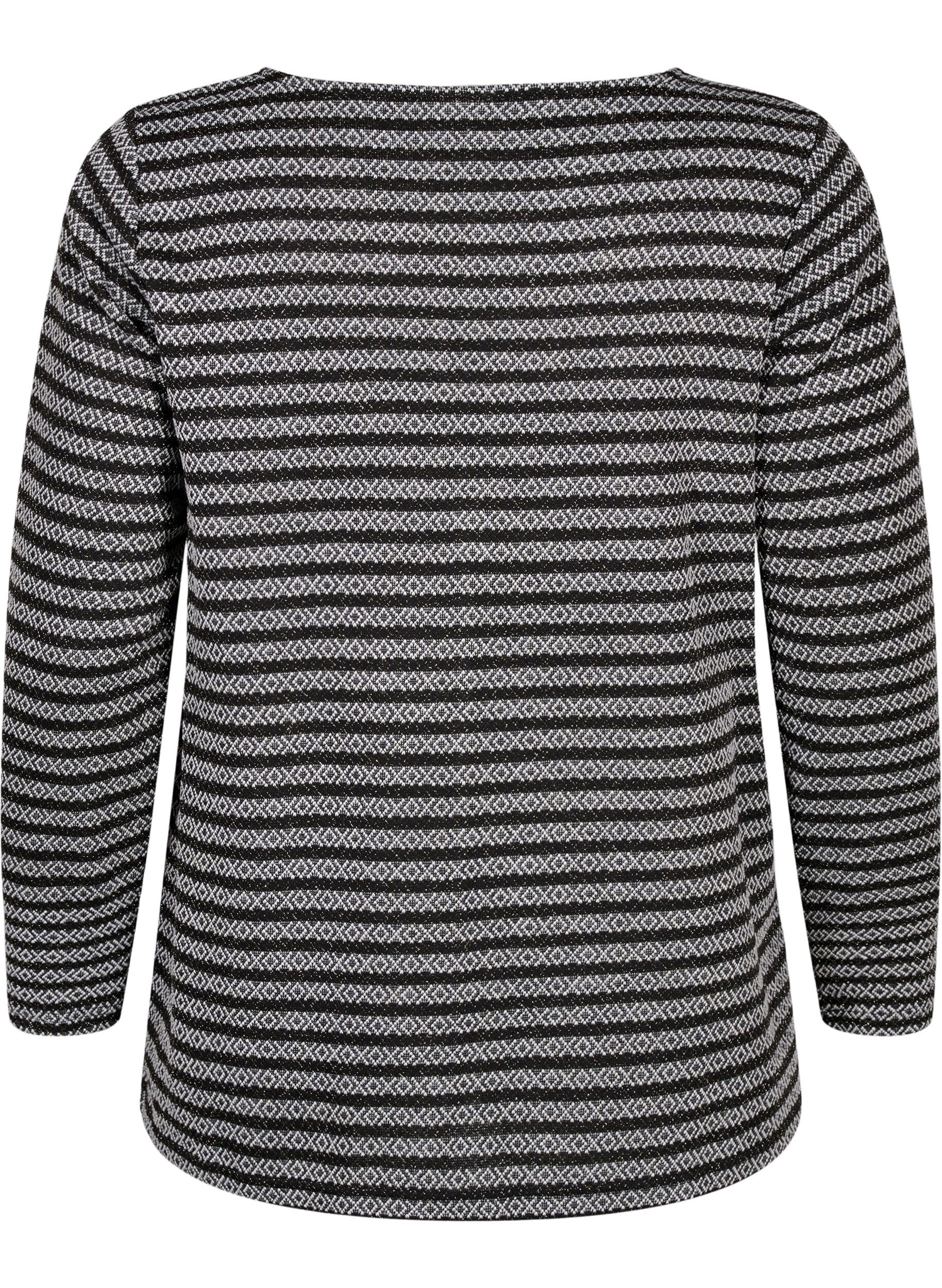 Zizzi Bluse med rund hals og stribet m&oslash;nster, Black Stripe, Packshot image number 1