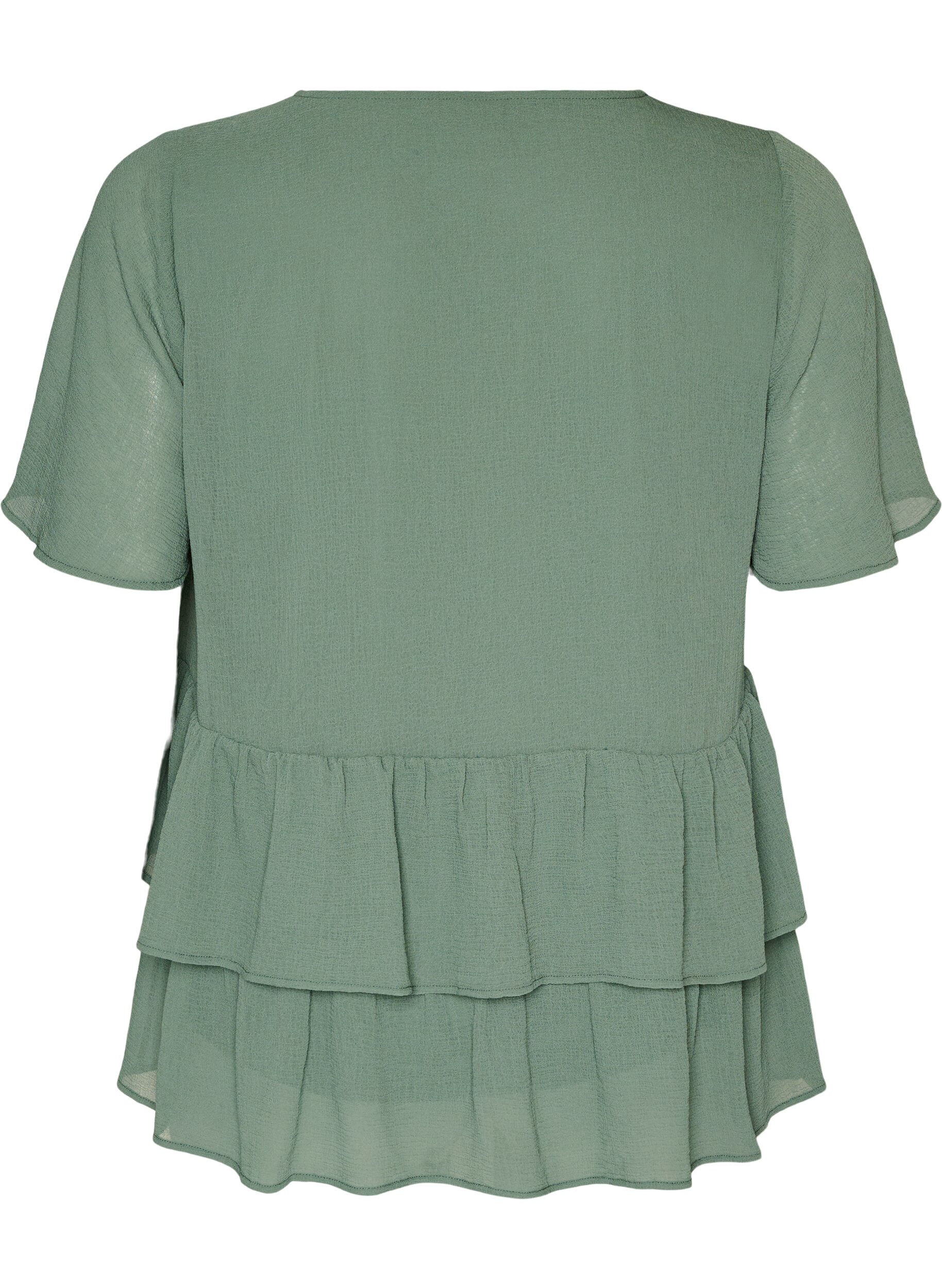 ZizziBluse med V-udsk&aelig;ring og fl&aelig;ser, Gr&oslash;n, Packshot image number 1
