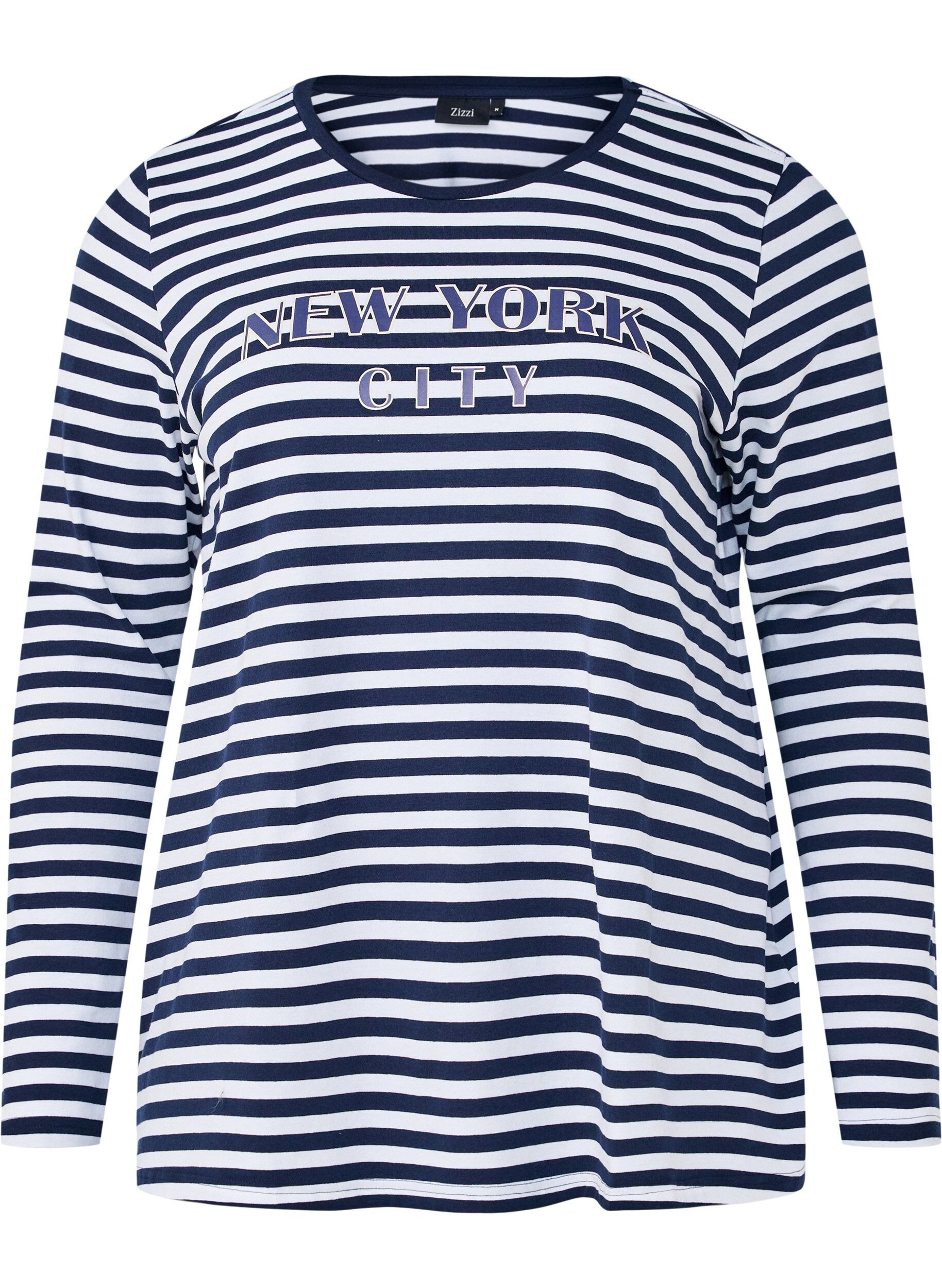 Zizzi Bluse med striber og motiv, White w.Navy Stripe, Packshot image number 0