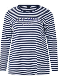 Bluse med striber og motiv, White w.Navy Stripe