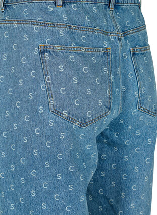 Cropped jeans med print og høj talje, Blue denim, Packshot image number 3