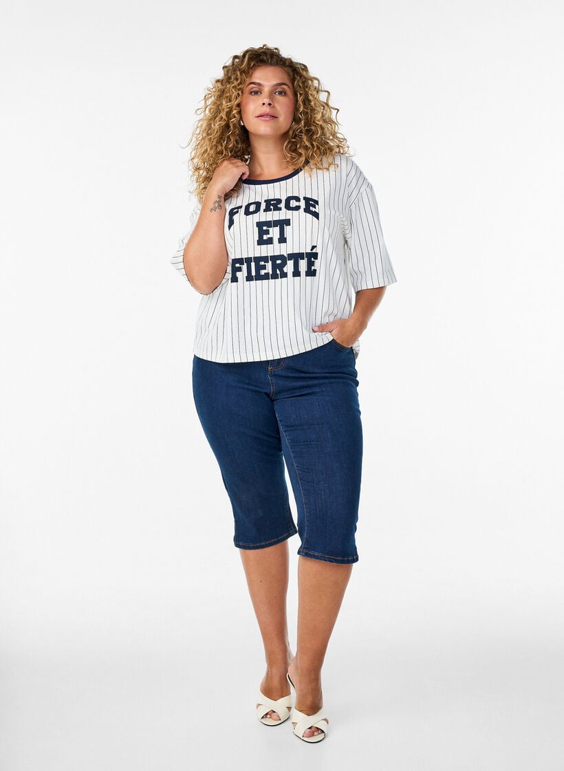 Boxy T-shirt med striber og statement-print, Hvid, Model image number 1