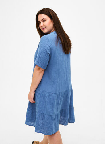 Kortærmet kjole i 100% bomuld, Moonlight Blue, Model image number 1
